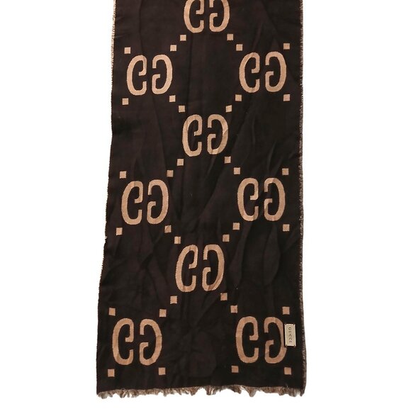 Gucci Chocolate Brown & Tan Reversible Big GG Logo Print Scarf Vintage Pre-Owned - Picture 3 of 7